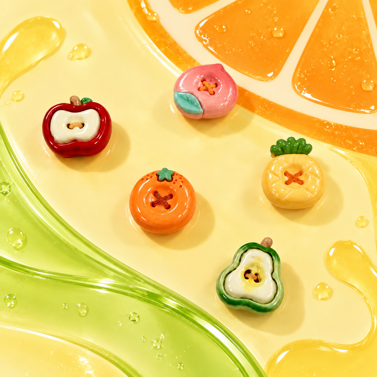 Cute fruit dog collar charm collection featuring apple, peach, orange, pineapple and avocado designs