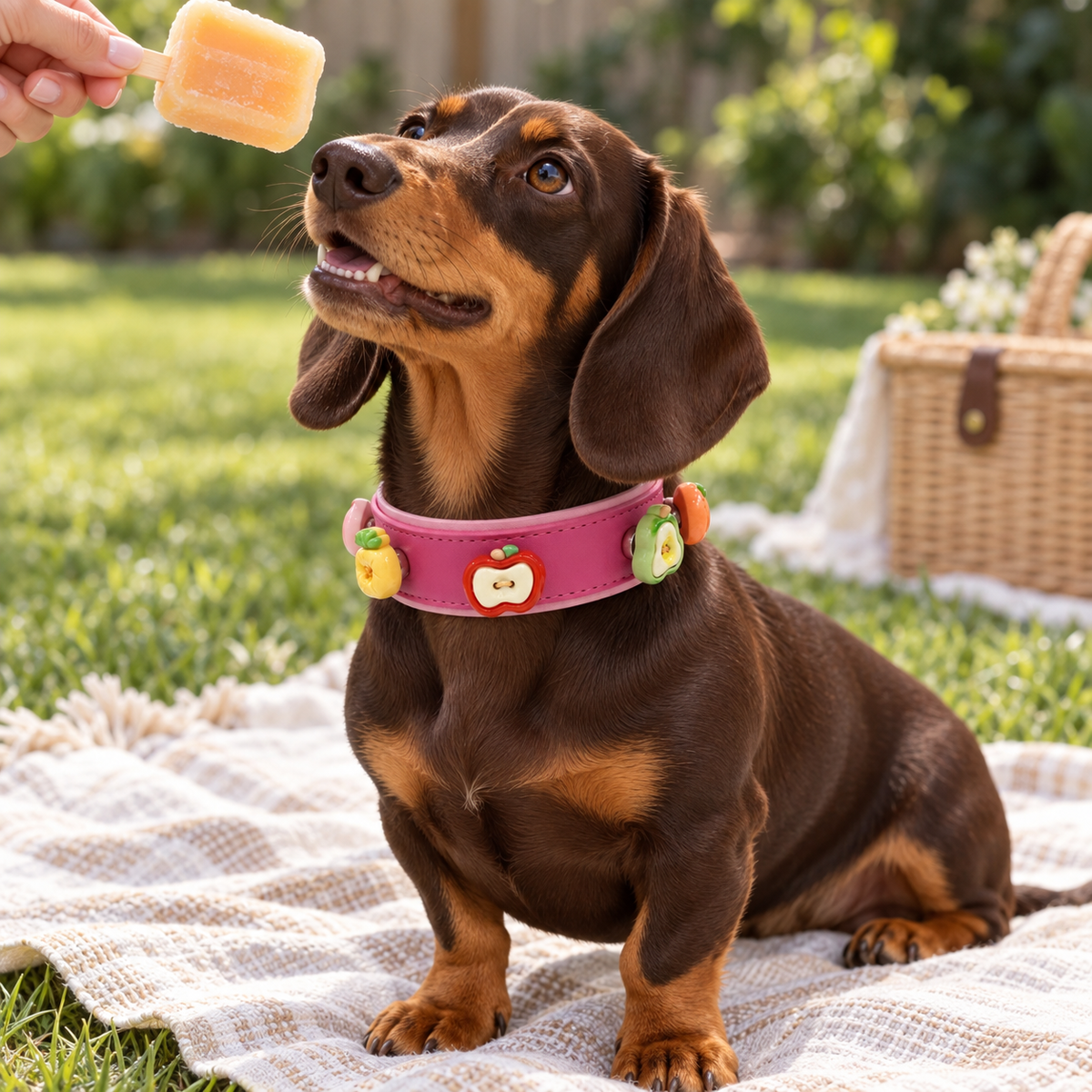 Dachshund wearing a pink collar styled with colorful fruit dog collar charms including apple, peach and avocado designs