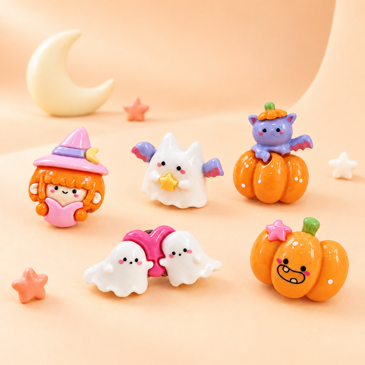 Cute Halloween dog collar charms featuring ghosts, pumpkins, a little witch and a purple bat character