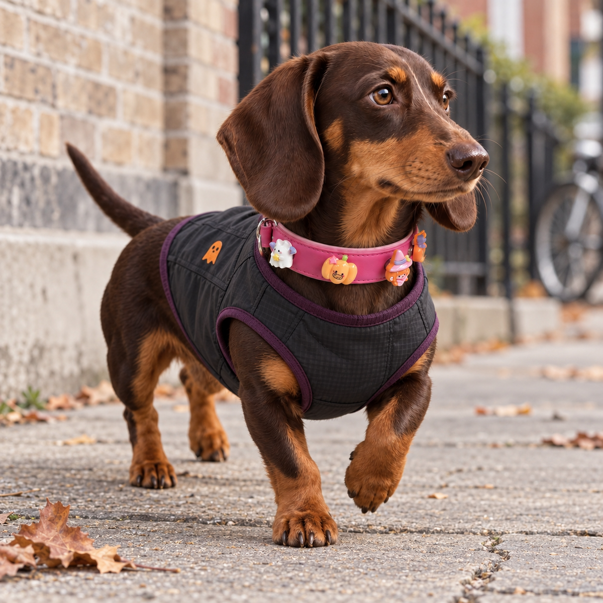 Dachshund wearing cute Halloween dog collar charms with ghost, pumpkin and witch designs on a Petiria collar