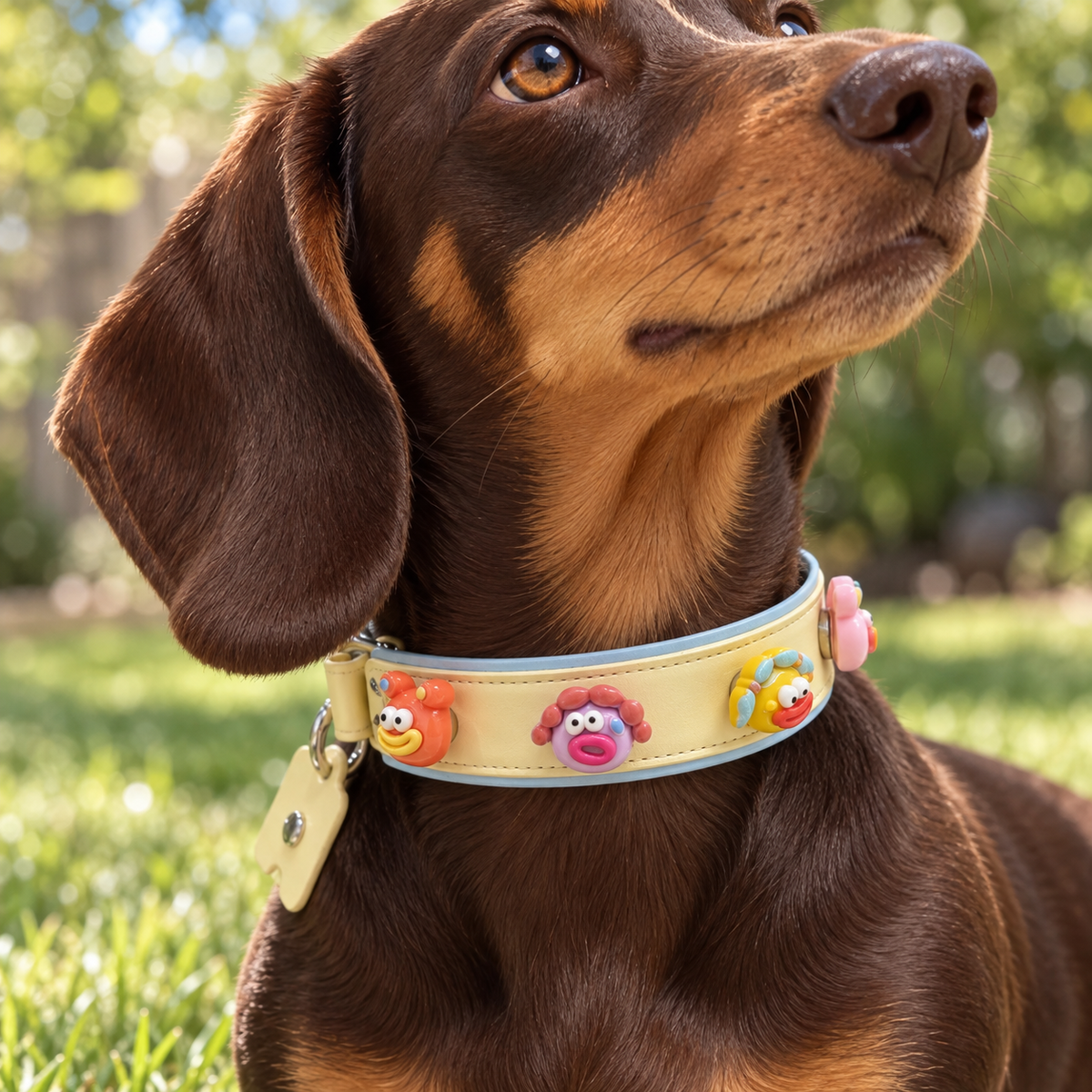 Dachshund wearing a Petiria collar styled with colorful cute monster dog collar charms