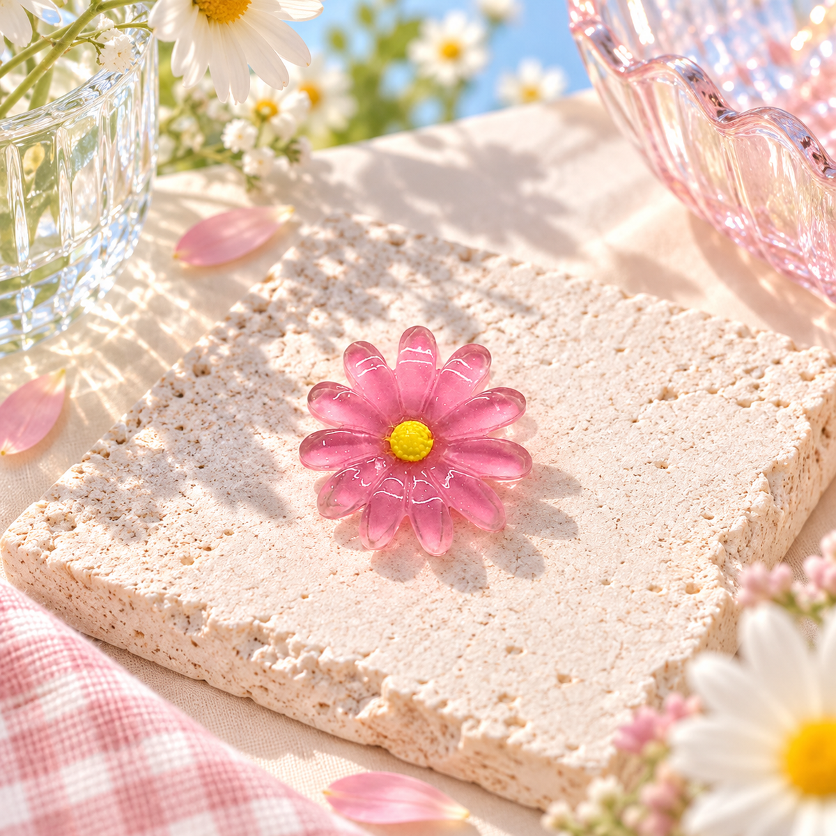 Pink Daisy dog collar charm with translucent pink petals and a bright yellow center