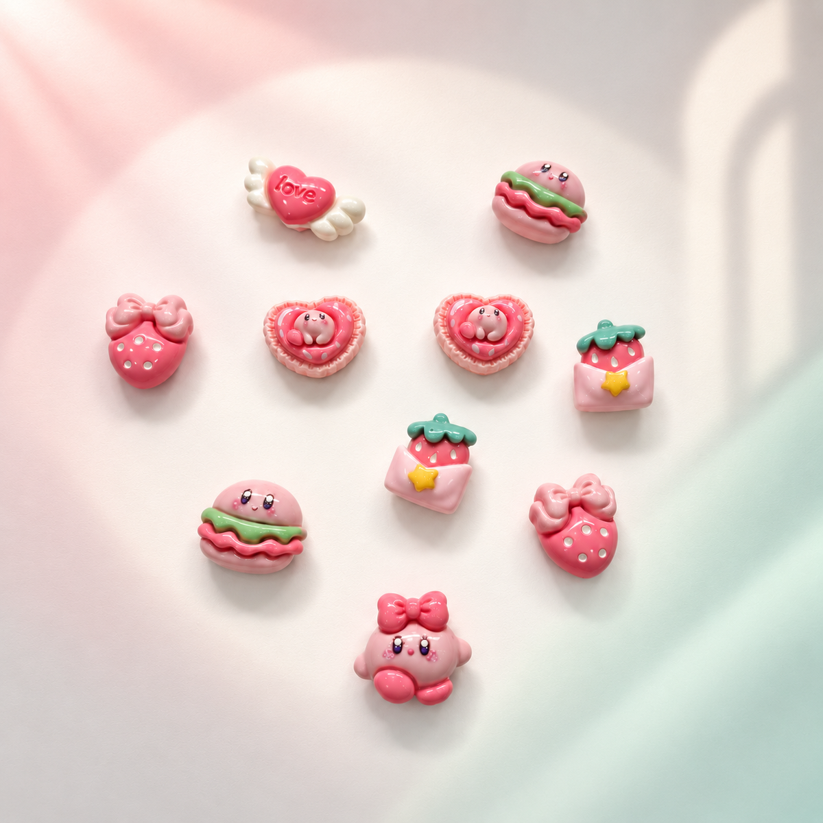 Cute pink dog collar charms featuring hearts, bows, strawberries and playful designs