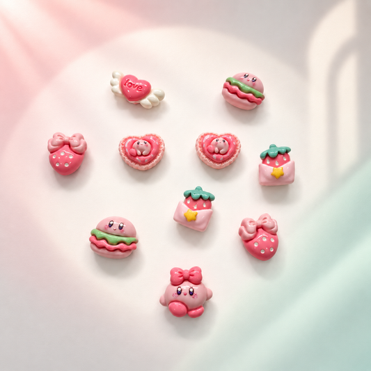 Cute pink dog collar charms featuring hearts, bows, strawberries and playful designs