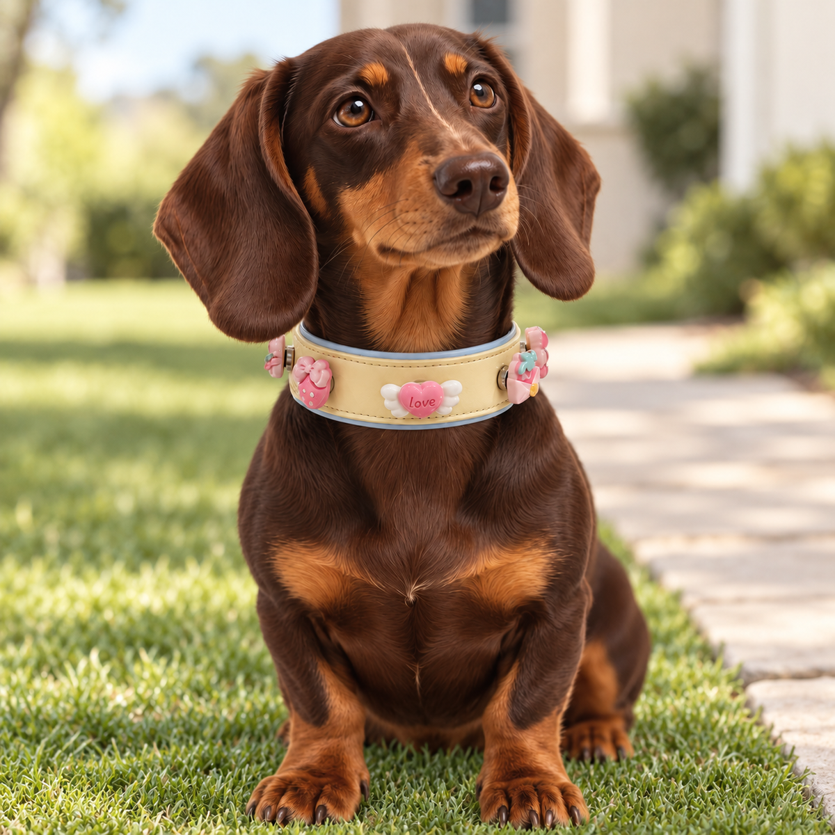 Dachshund wearing a Petiria collar styled with cute pink dog collar charms