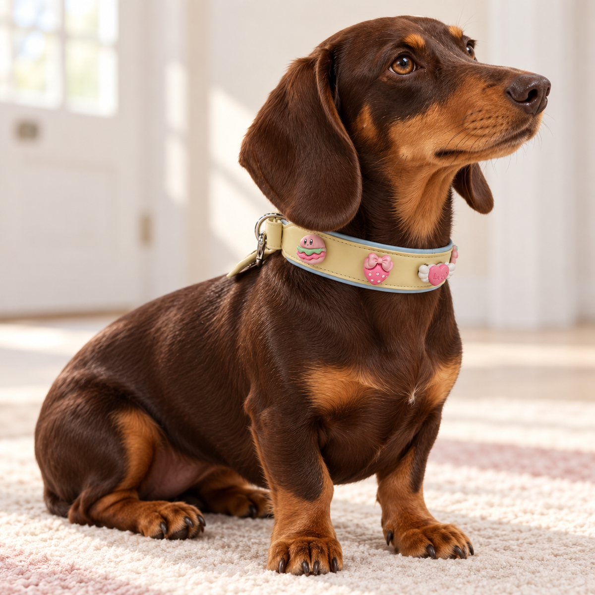 Dachshund wearing a yellow Petiria collar with cute pink dog collar charms