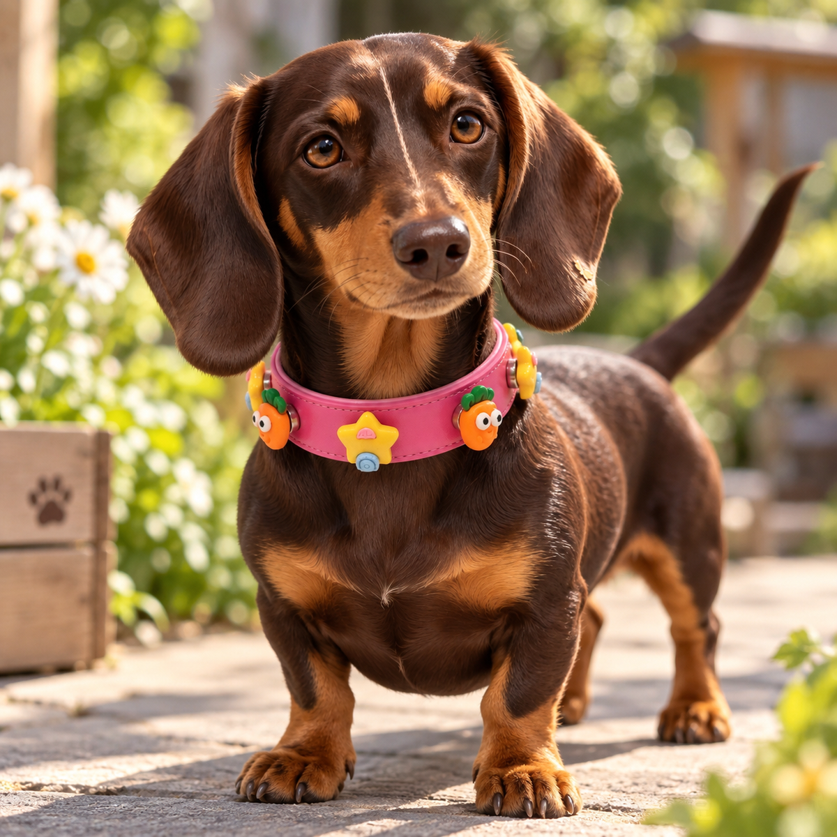 Dachshund wearing a black collar styled with colorful cute playful dog collar charms