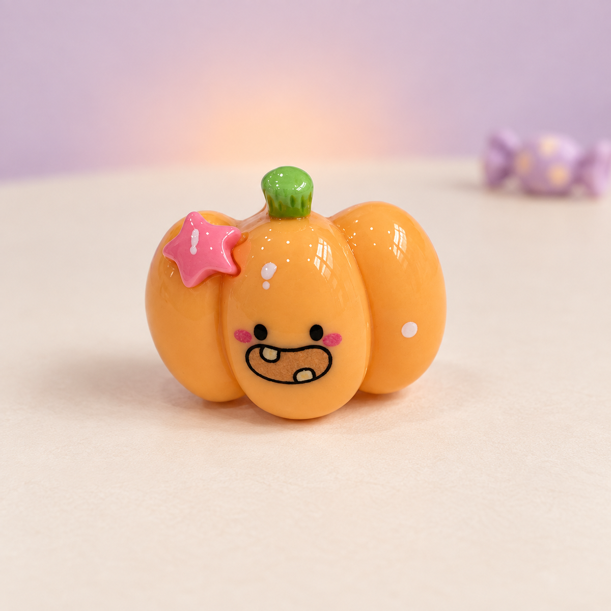 Cute orange pumpkin dog collar charm with a playful face and pink star for Halloween Petiria collars