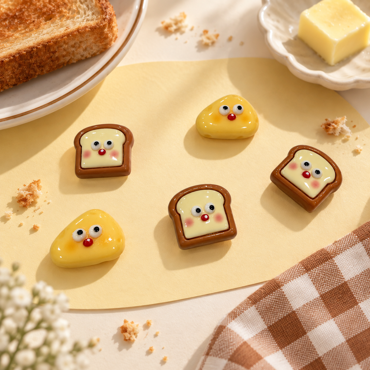 Cute snack dog collar charm collection featuring Happy Toast and Golden Snack character designs