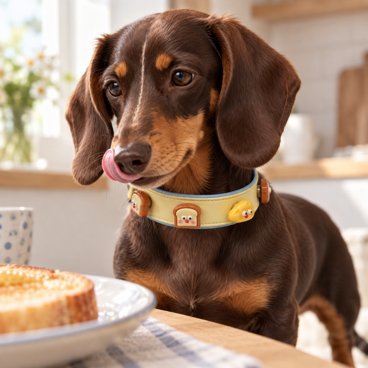 Dachshund wearing a yellow collar styled with cute snack dog collar charms
