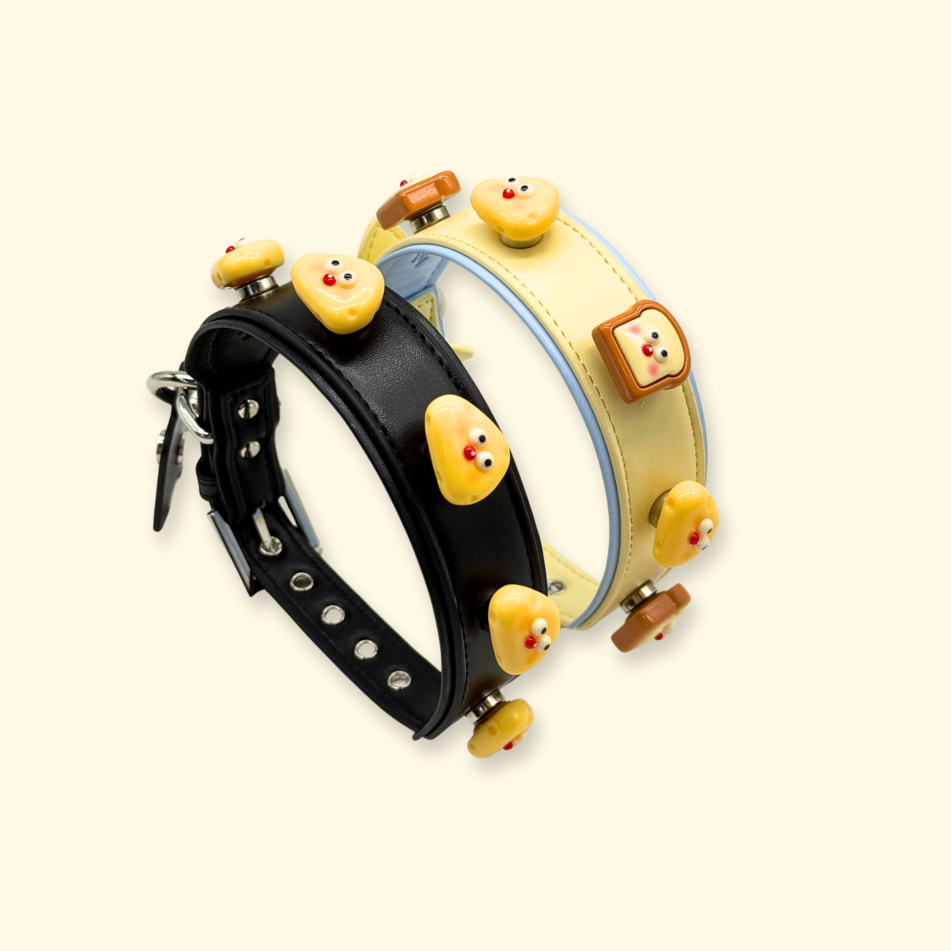 Set of kawaii snack face dog collar charms displayed on black and pastel yellow adjustable collars, interchangeable pet accessories for personalized dog styling