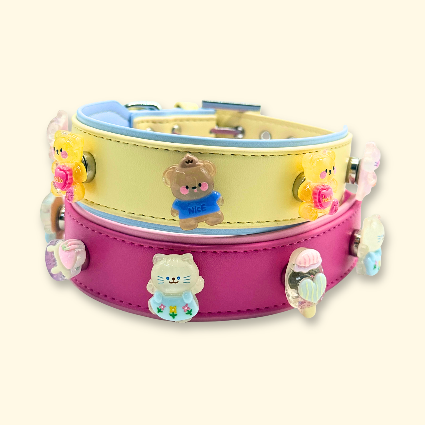 Pastel kawaii dog collar charms on pink and yellow pet collars featuring cute bear, cat, and dessert-themed snap-on charms for customizable dog collar styling