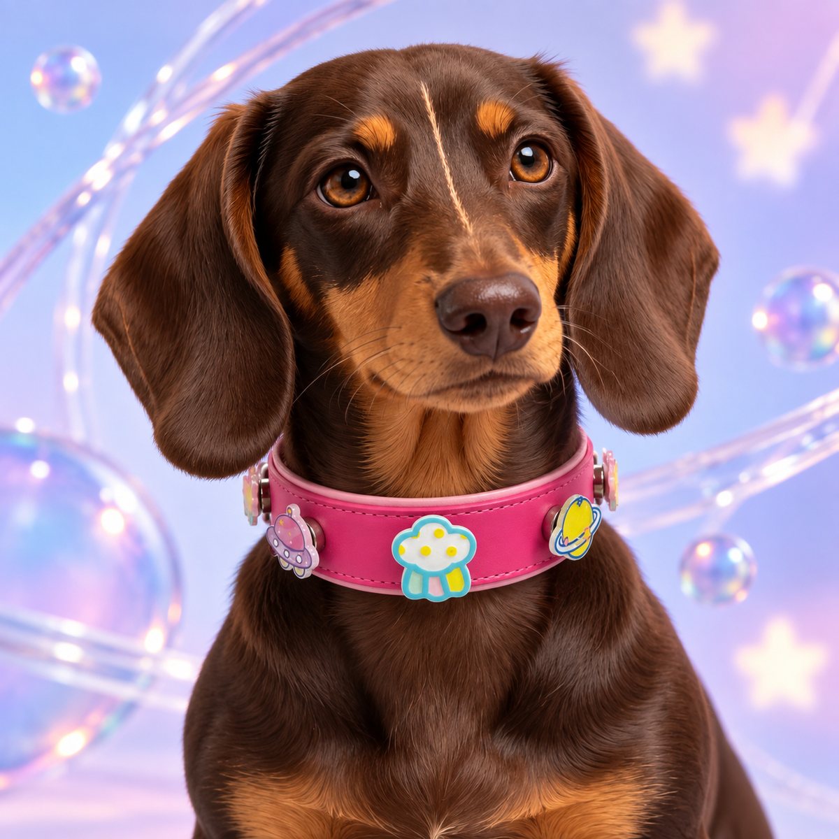 Dachshund wearing a pink collar styled with cute space dog collar charms featuring planet, UFO and cosmic designs