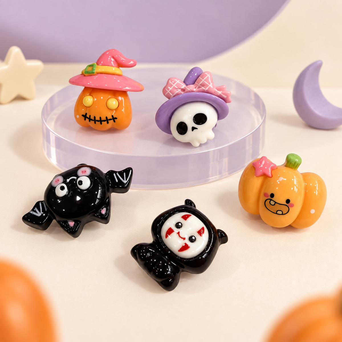 Cute Halloween dog collar charms featuring pumpkins, a bat, skull and spooky character designs