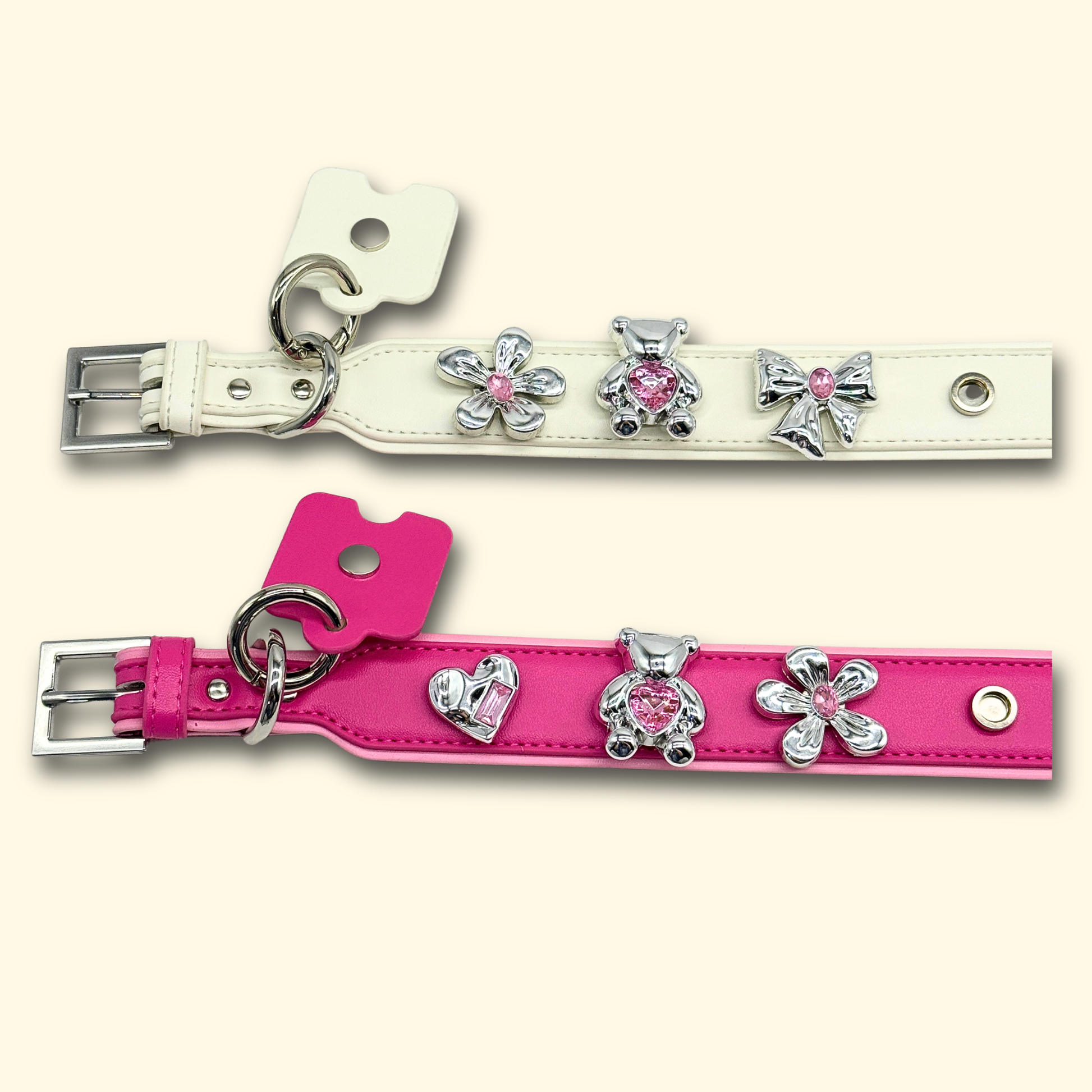 Customizable pet collar with DIY sparkling pink crystal charms including bow, flower, and teddy bear