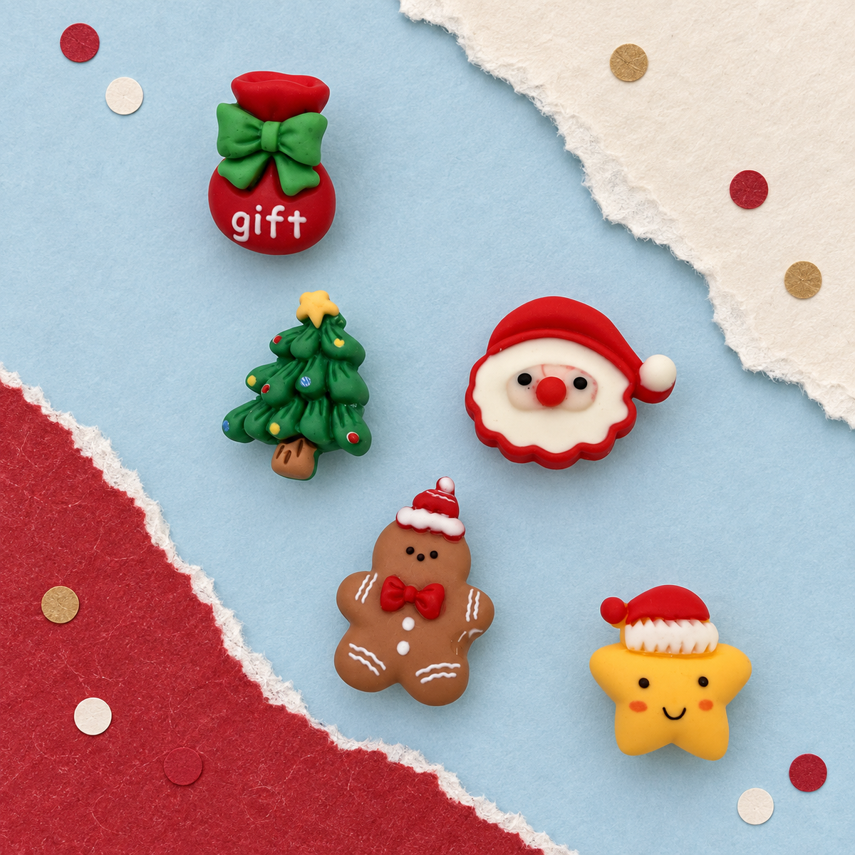 DIY Christmas dog collar charm set featuring Santa, gingerbread man, Christmas tree, smiling star and festive gift sack