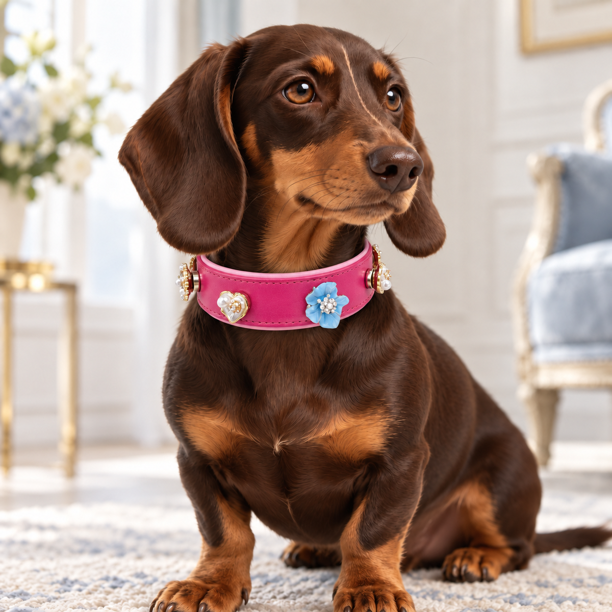 Dachshund wearing a pink collar styled with pearl and flower dog collar charms