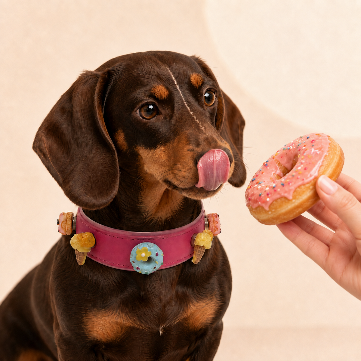 Dachshund wearing a pink Petiria collar with donut and ice cream charms