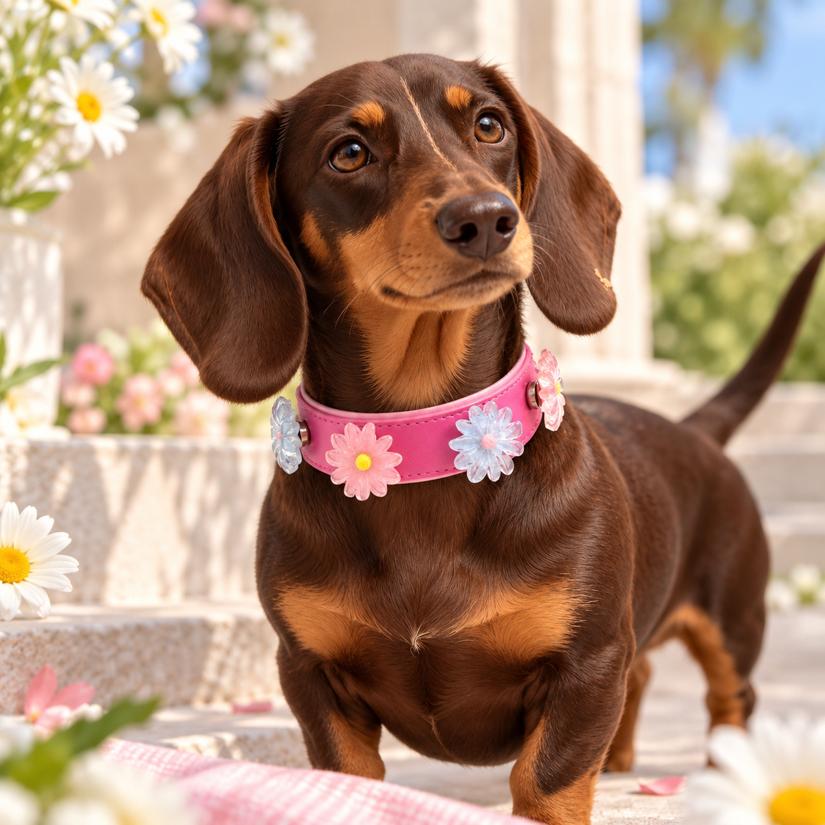 Dachshund wearing a pink collar styled with colorful daisy dog collar charms