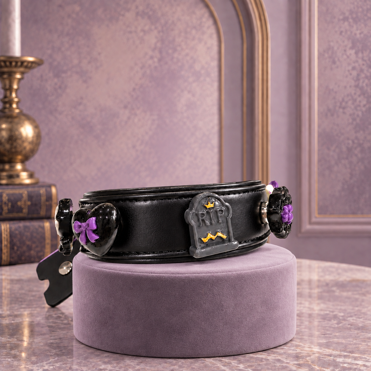 Black Petiria collar styled with gothic heart, RIP tombstone and purple Halloween dog collar charms