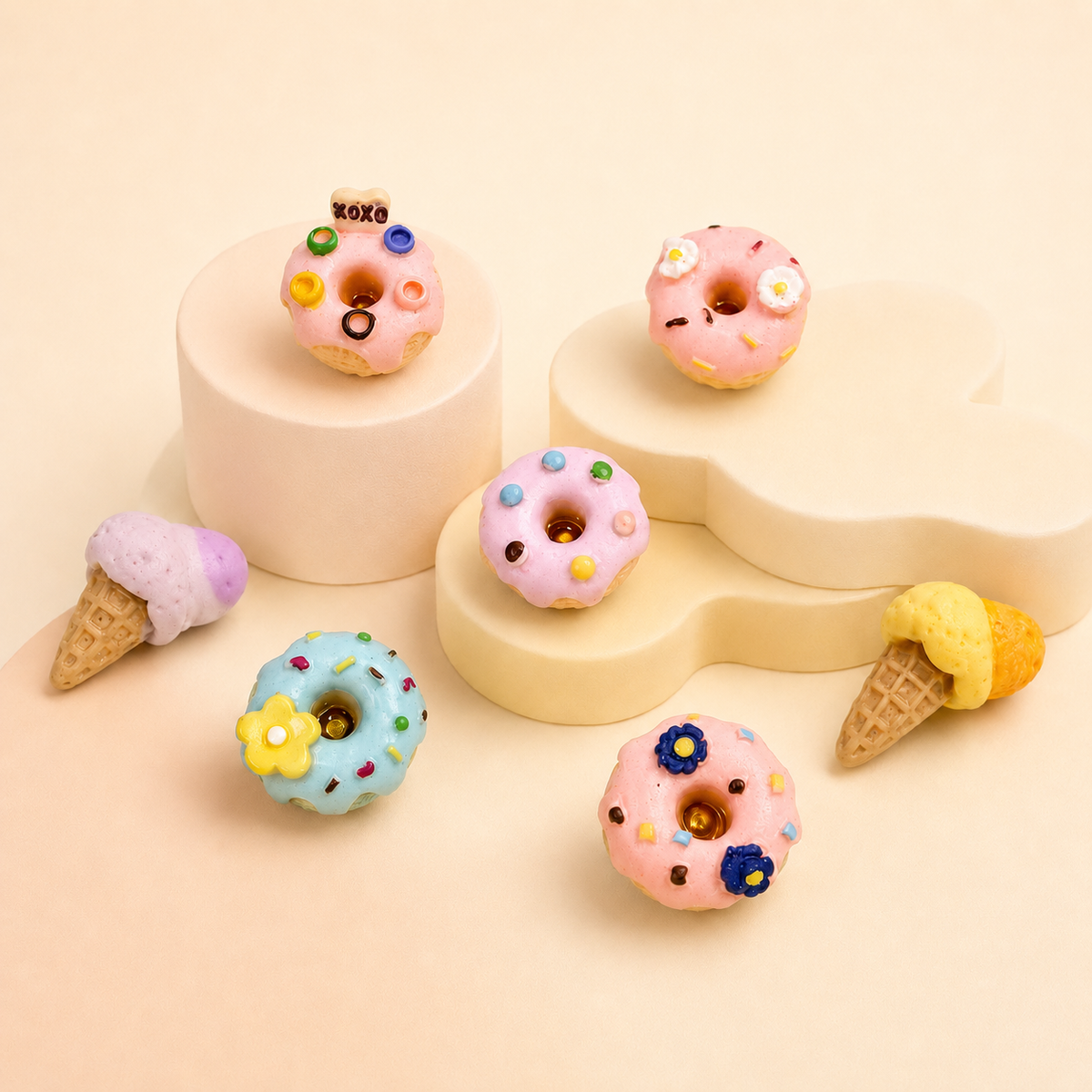 Colorful donut and ice cream dog collar charms from the Petiria dessert collection