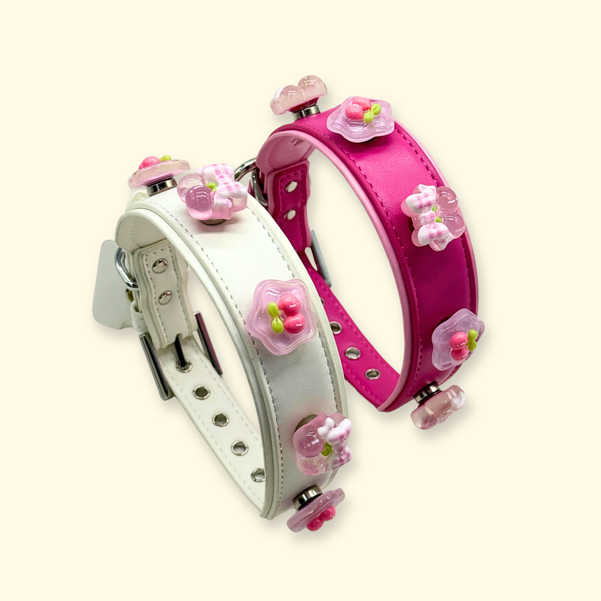 Snap-on dog collar charms set displayed on collars, customizable pet charm system for US pet accessories market