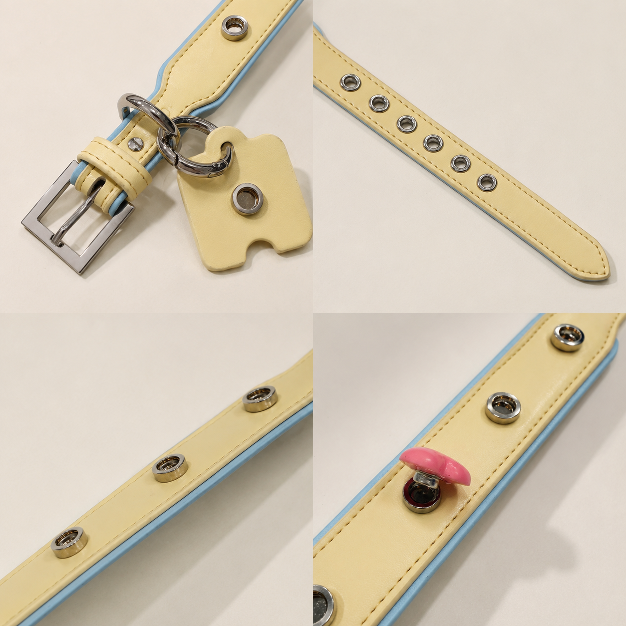 Close-up details of Petiria personalized dog collar showing soft material, adjustable design, and secure charm attachment points
