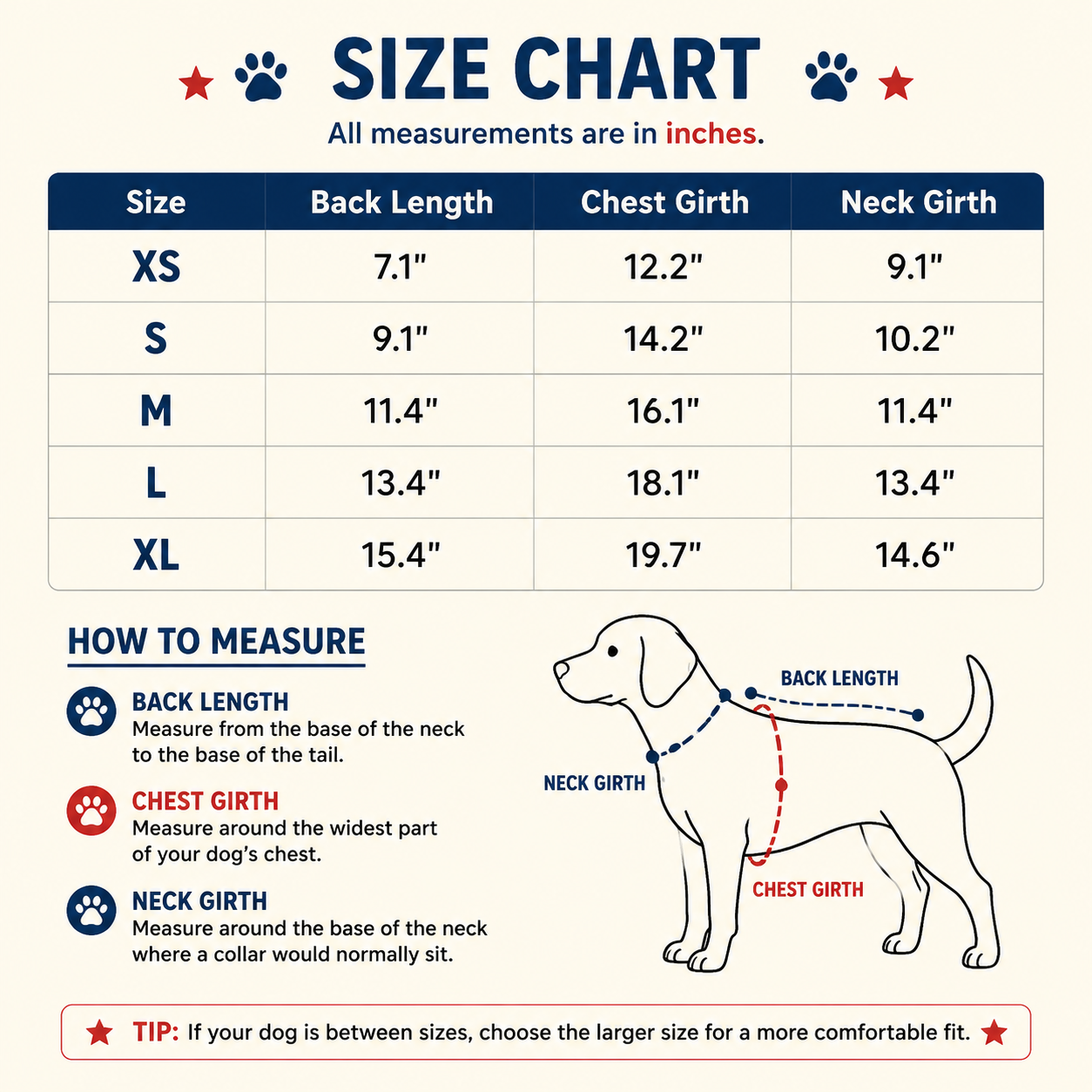 Dog t-shirt size chart showing back length, chest girth, and neck girth in inches for sizes XS, S, M, L, XL, for accurate summer t-shirt fitting
