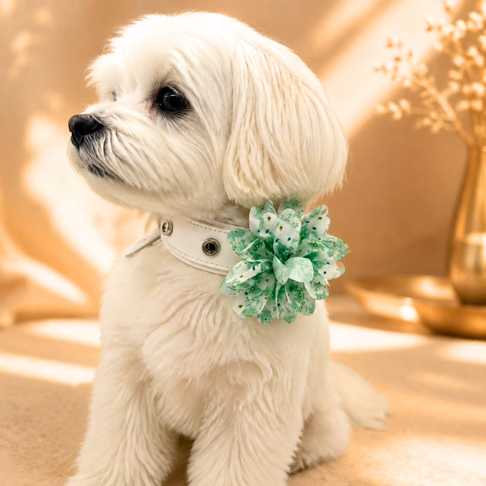 Small dog wearing a green floral Petiria collar charm, close-up view, warm soft background
