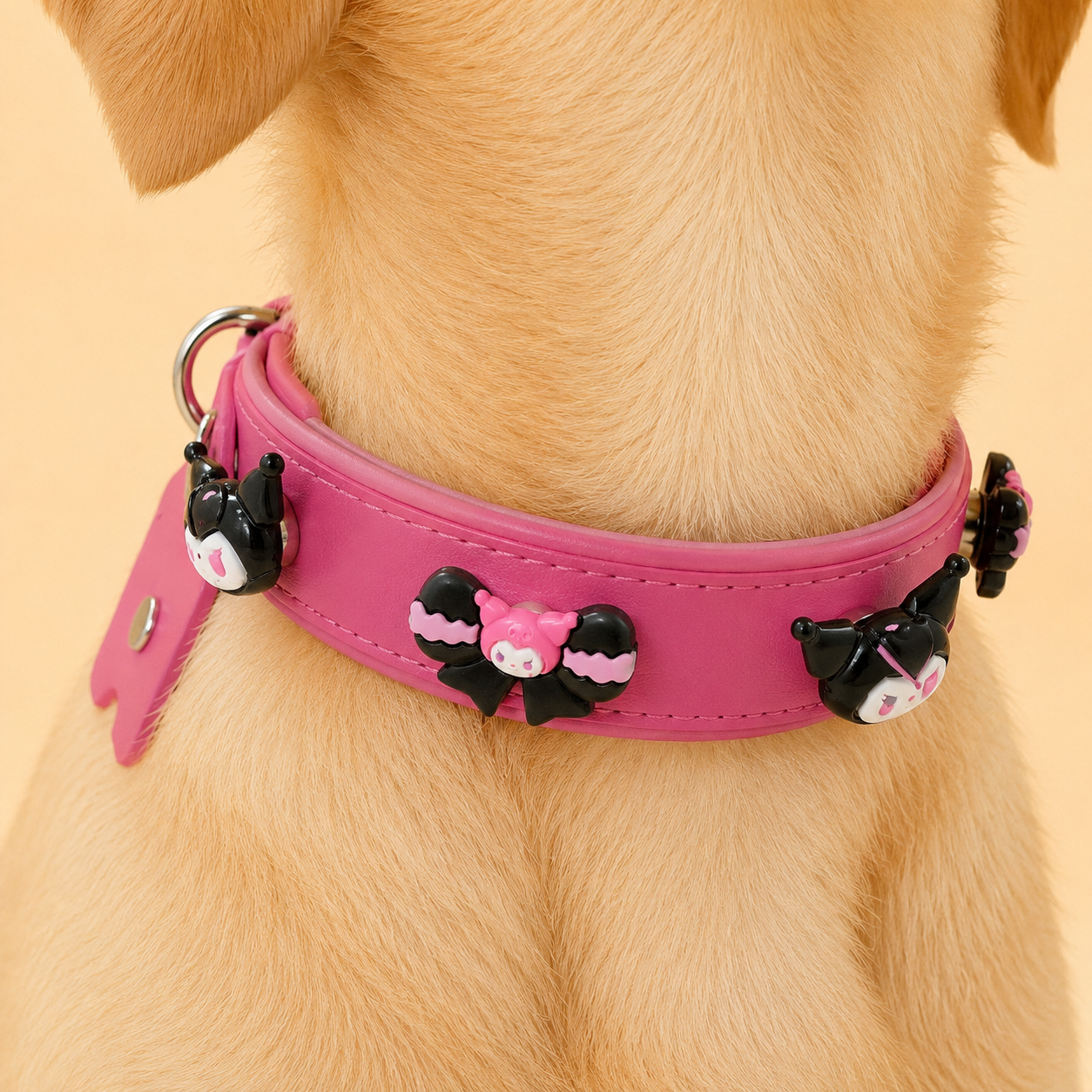Dog wearing pink collar with Kuromi-inspired snap-on charms, cute interchangeable pet collar system for everyday wear and styling