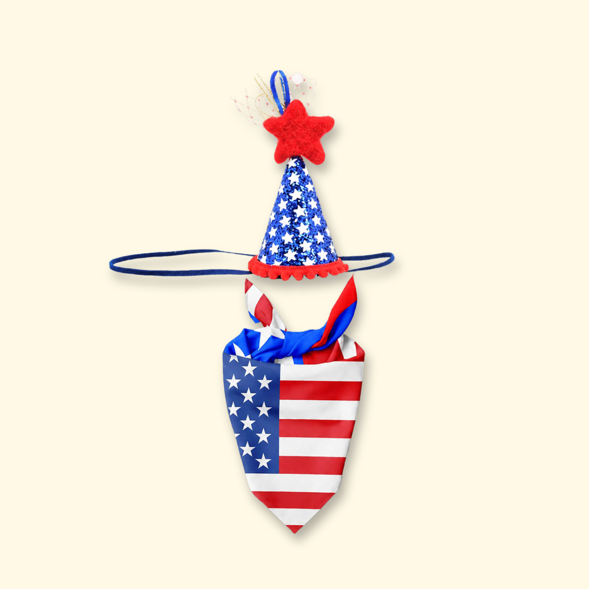 dog wearing red, white, and blue USA-themed party hat and matching bandana – Patriotic 250 limited edition for Independence Day