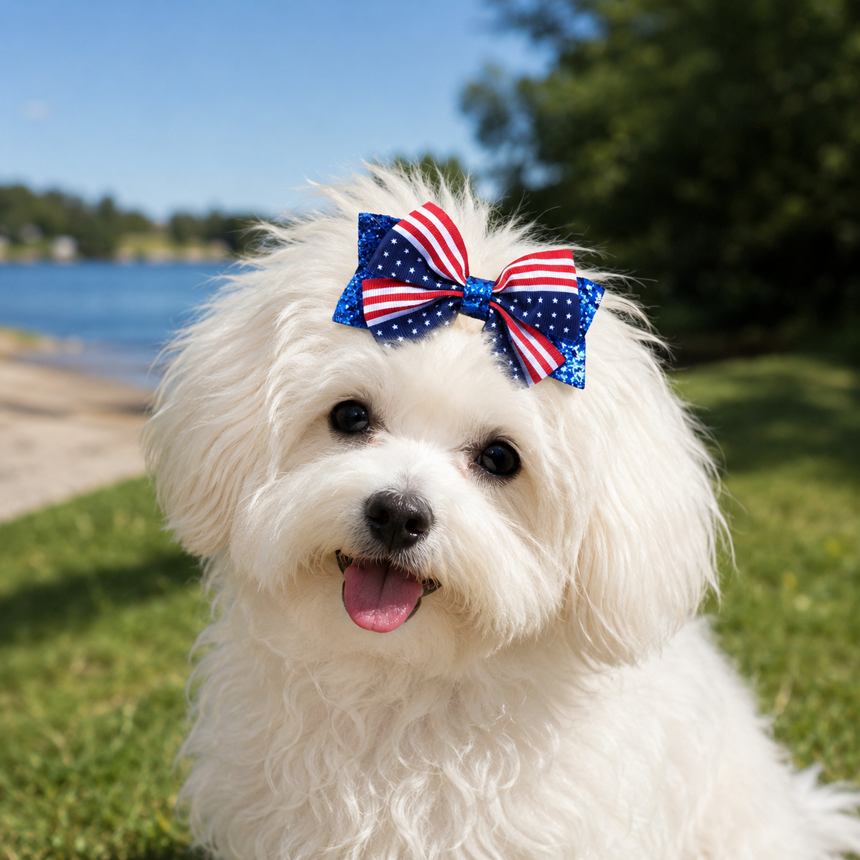 Small white dog wearing a patriotic stars and stripes hair bow clip for Independence Day celebrations