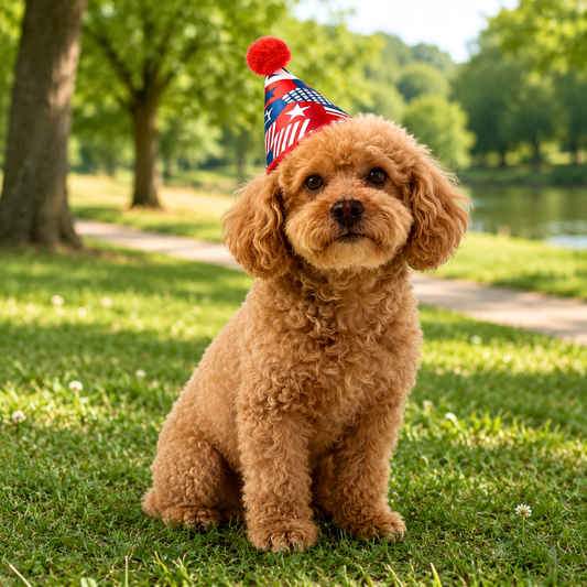 Small dog wearing a red, white, and blue party hat with pom pom, sitting on grass, perfect for celebrations