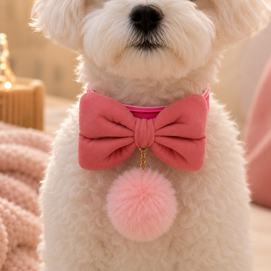 Small white dog wearing a pink collar with a lightweight flocked bow and fluffy pom charm