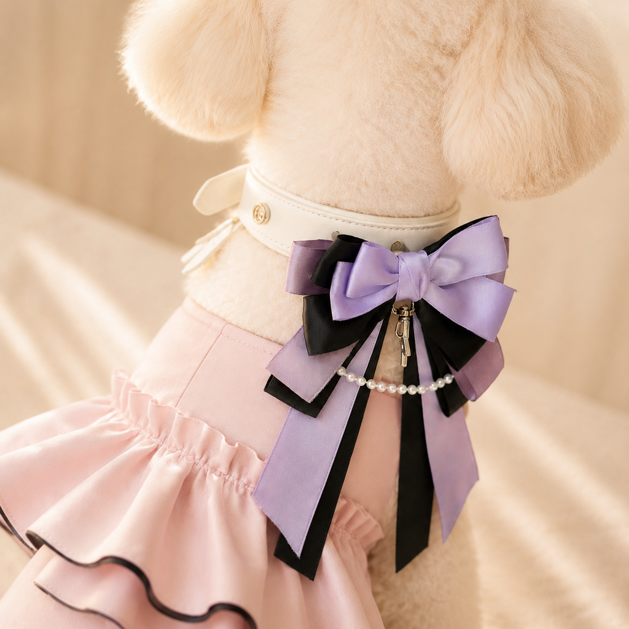 Small dog wearing a layered purple and black ribbon bow collar charm with pearl detail on a white Petiria collar, paired with a pink dog dress, warm background