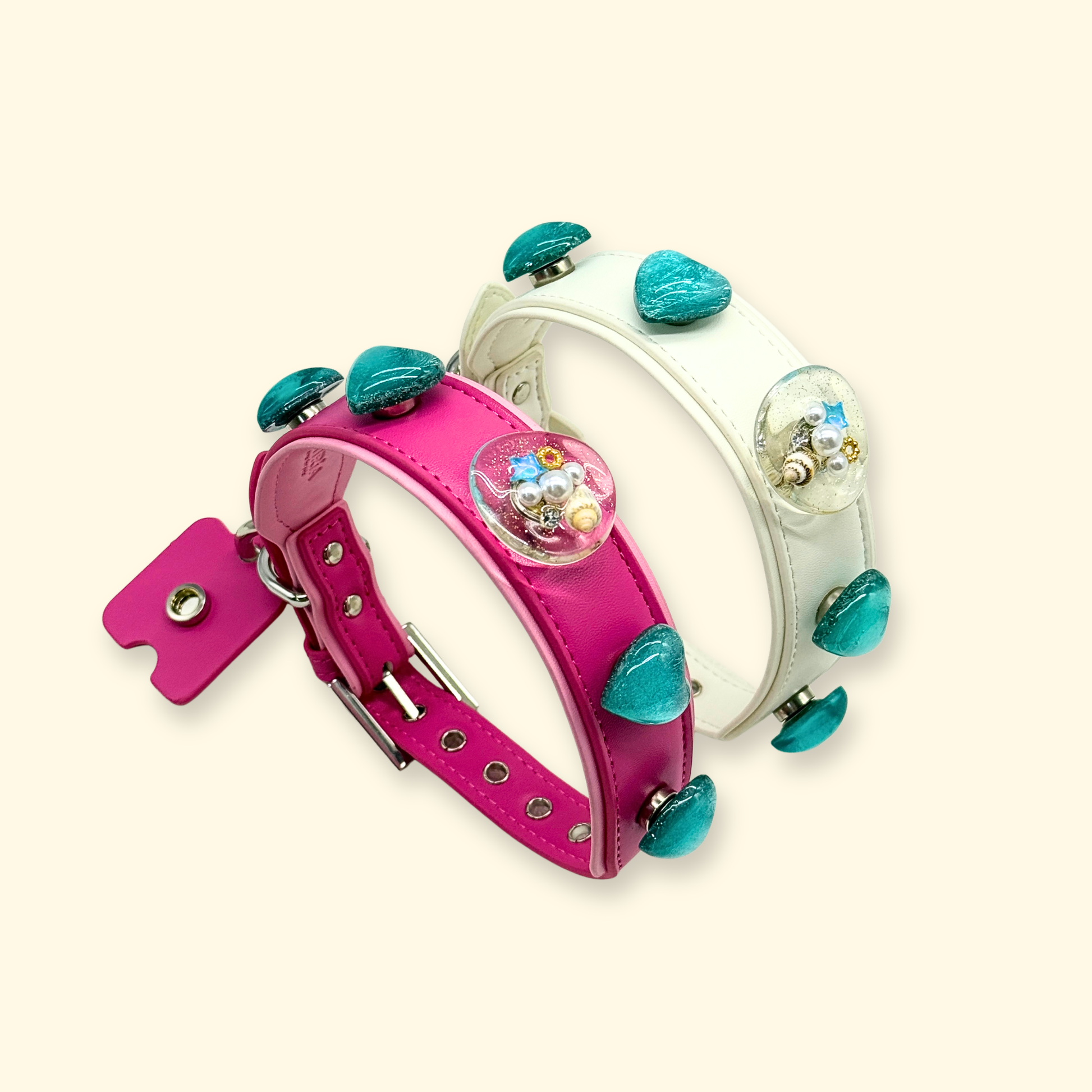 Dual dog collar charm set in pink and cream featuring ocean heart and shell resin snap-on charms, aesthetic summer styling for small breed dogs