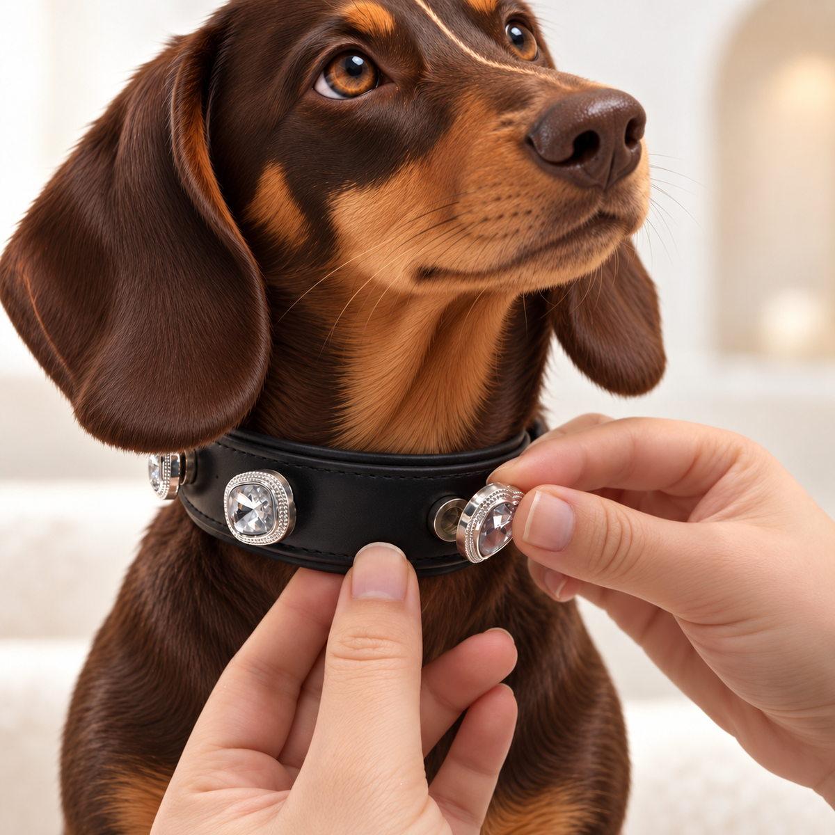 Gemstone dog collar charm being snapped onto a black Petiria interchangeable charm collar
