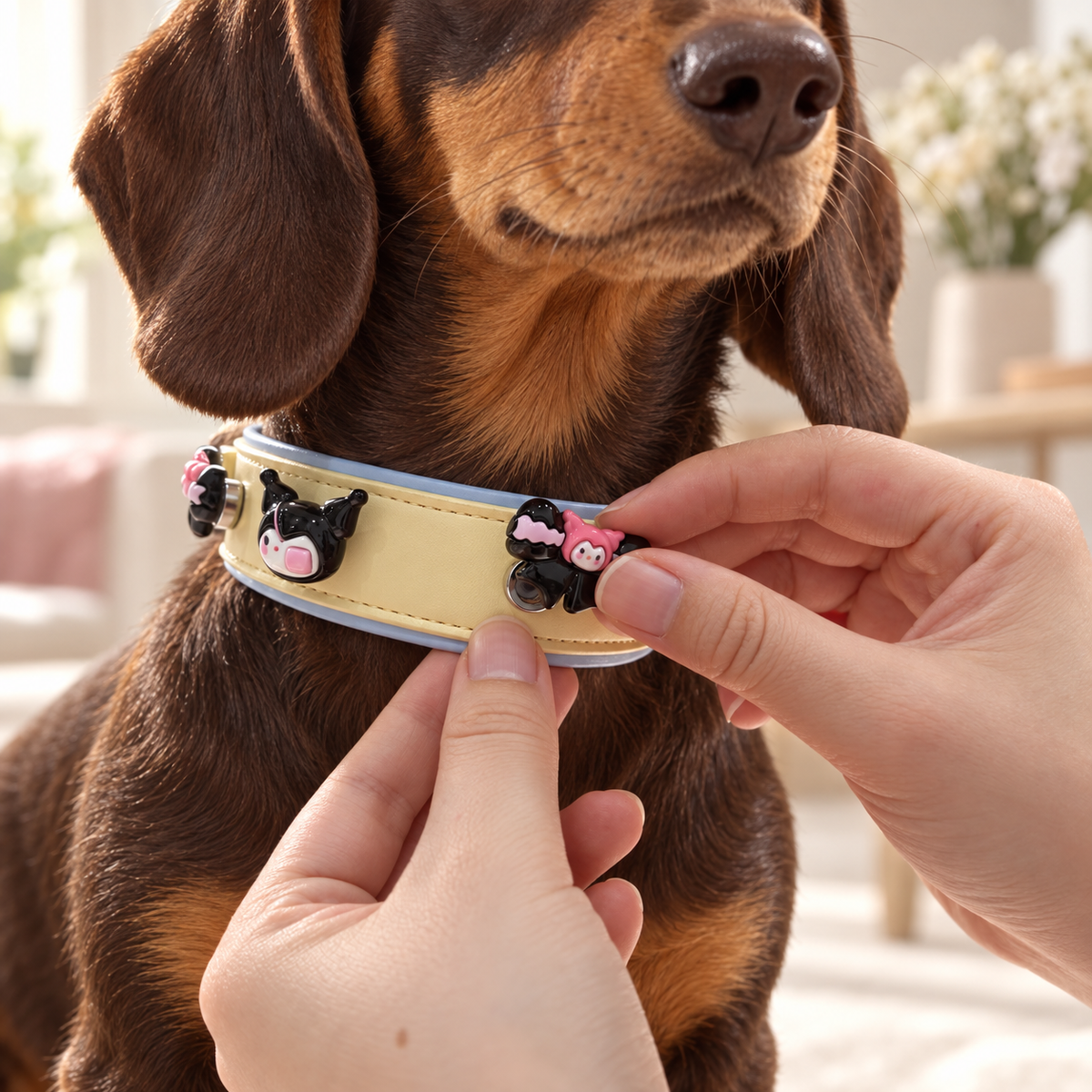 Kuromi-style dog collar charm being snapped onto a Petiria interchangeable charm collar