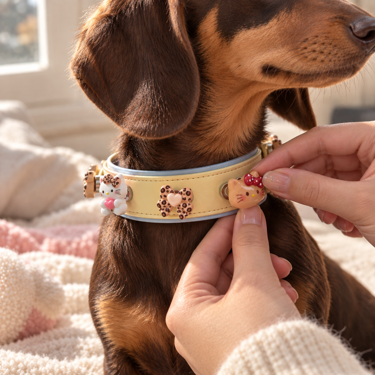 Leopard print dog collar charm being snapped onto a yellow Petiria interchangeable charm collar