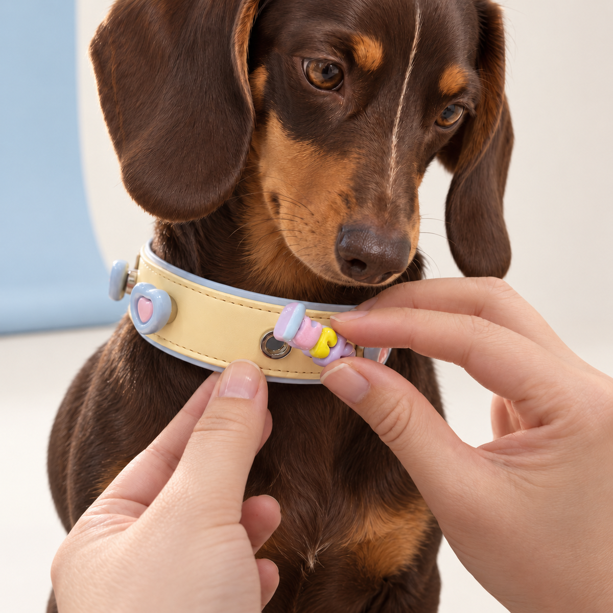Colorful letter dog collar charm being snapped onto a Petiria interchangeable charm collar