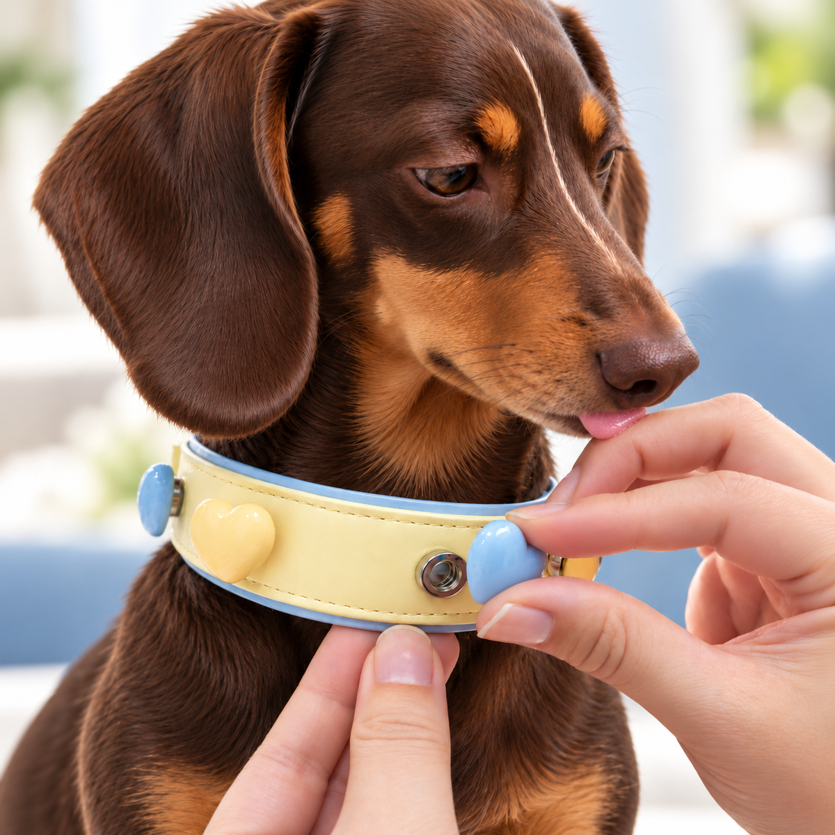 Blue heart dog collar charm being snapped onto a Petiria interchangeable charm collar