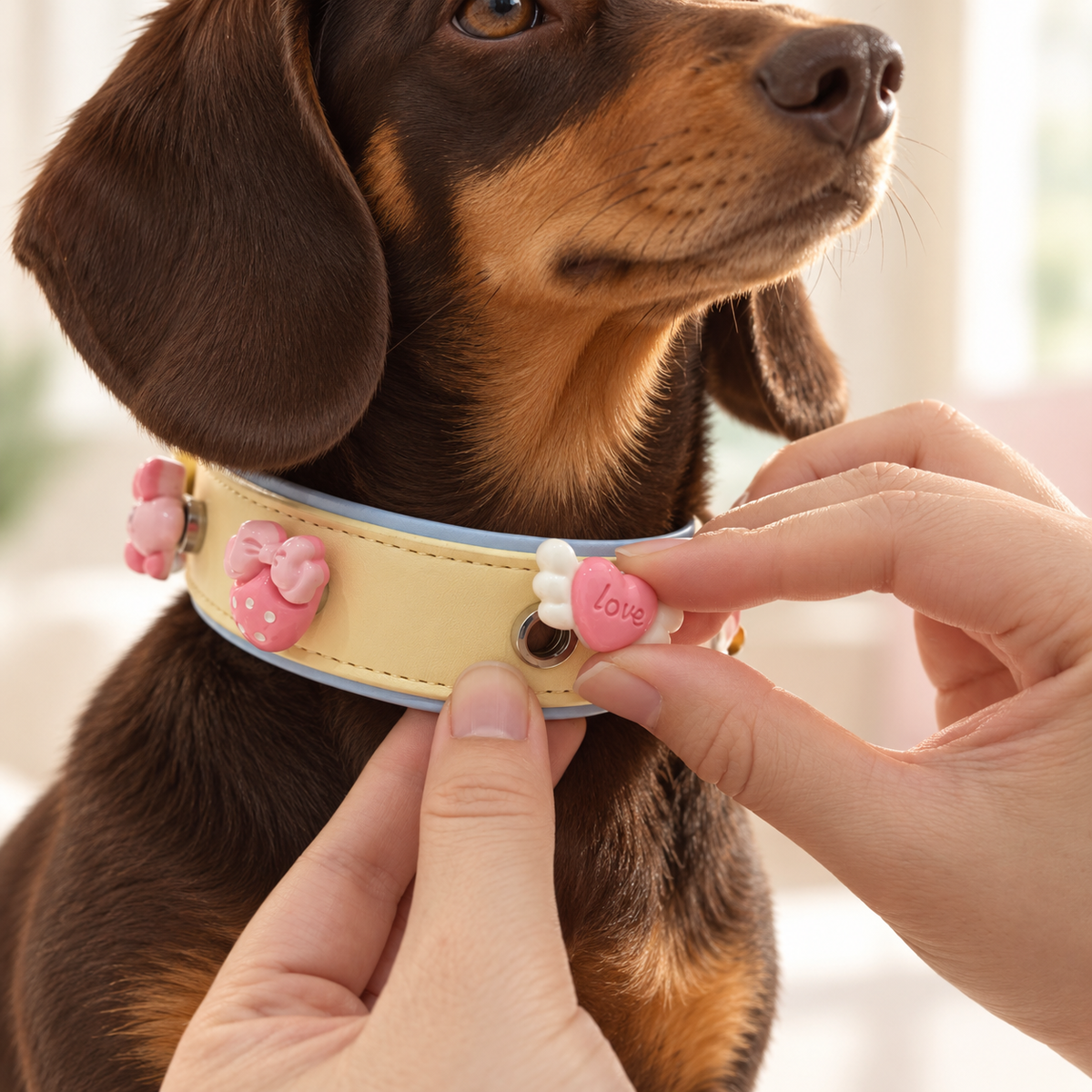Pink dog collar charm being snapped onto a Petiria interchangeable charm collar