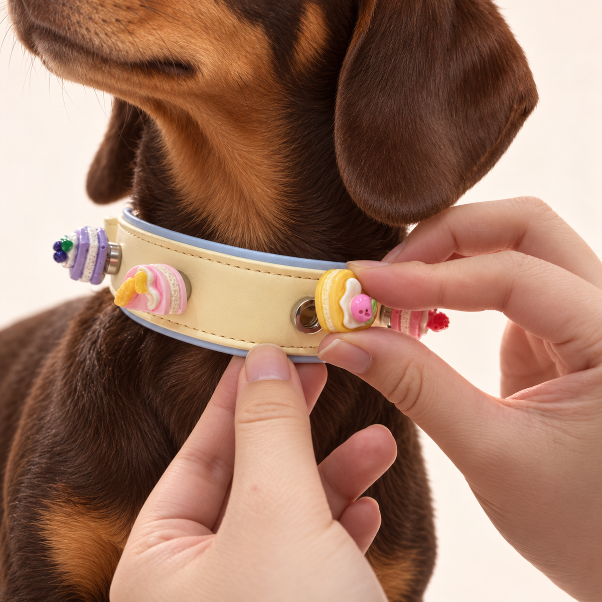 Sweet treat dog collar charm being snapped onto a Petiria interchangeable charm collar