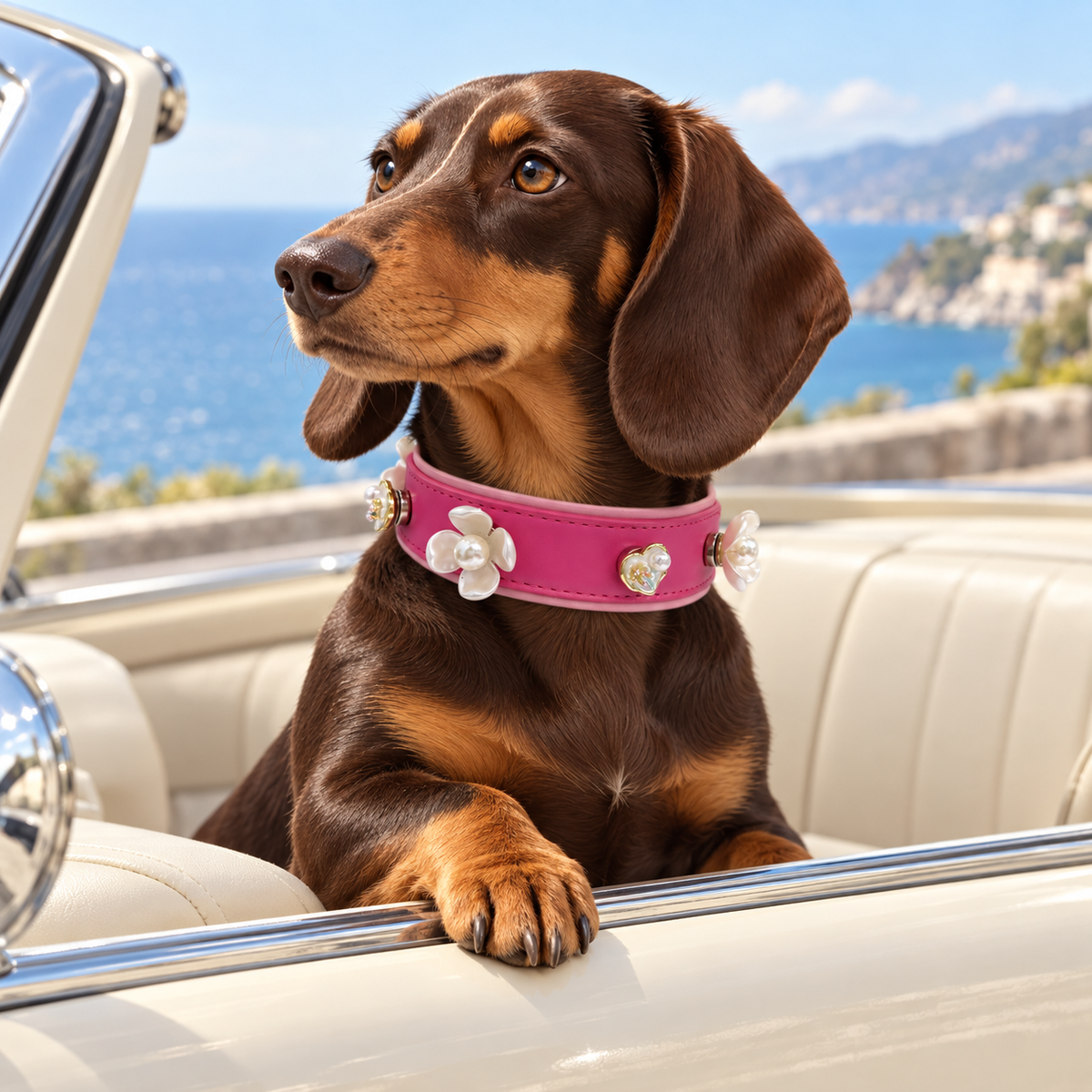 Dachshund wearing a pink collar styled with elegant pearl dog collar charms