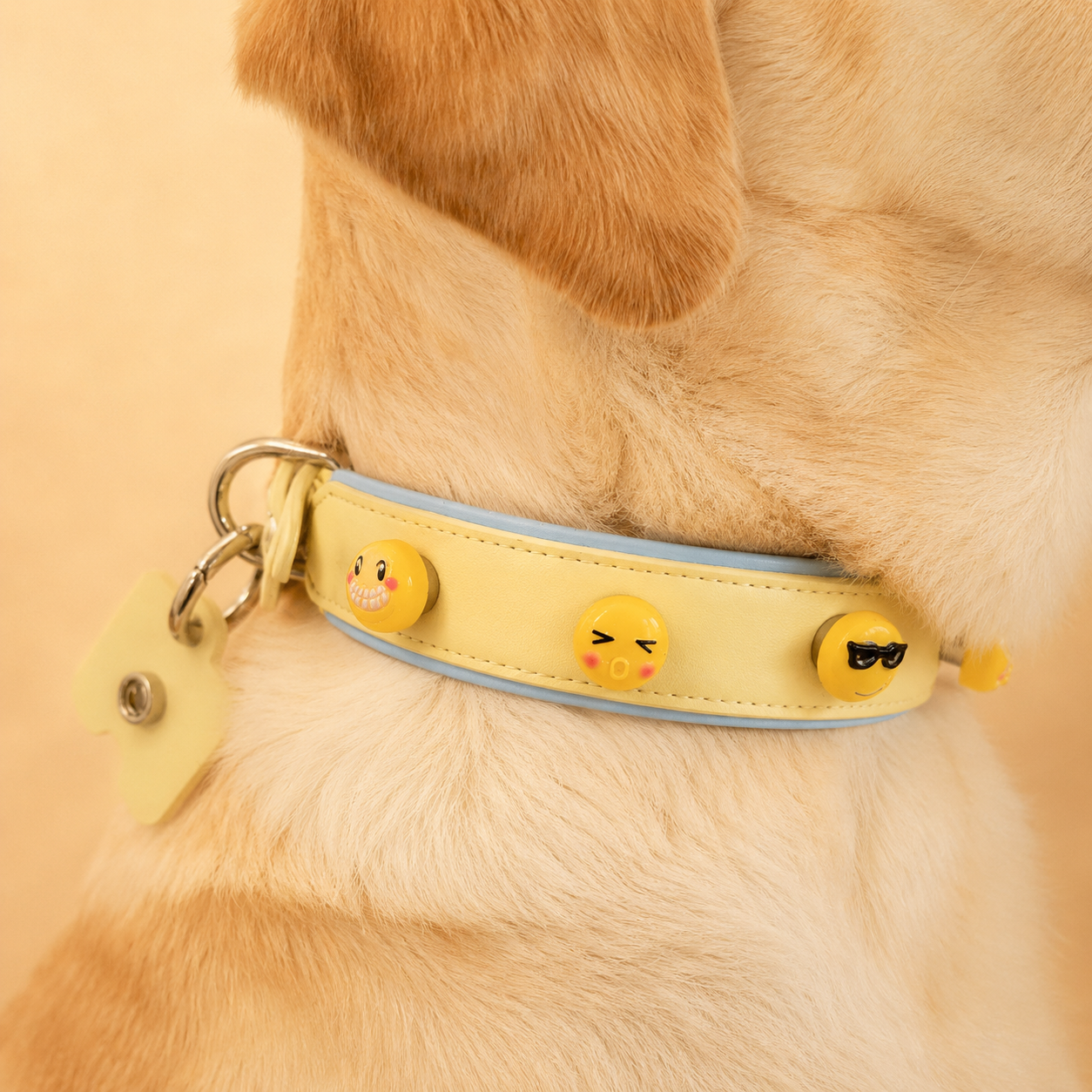 medium dog wearing yellow emoji charm collar, soft PU leather pet collar with funny expression charms, stylish dog accessory close up