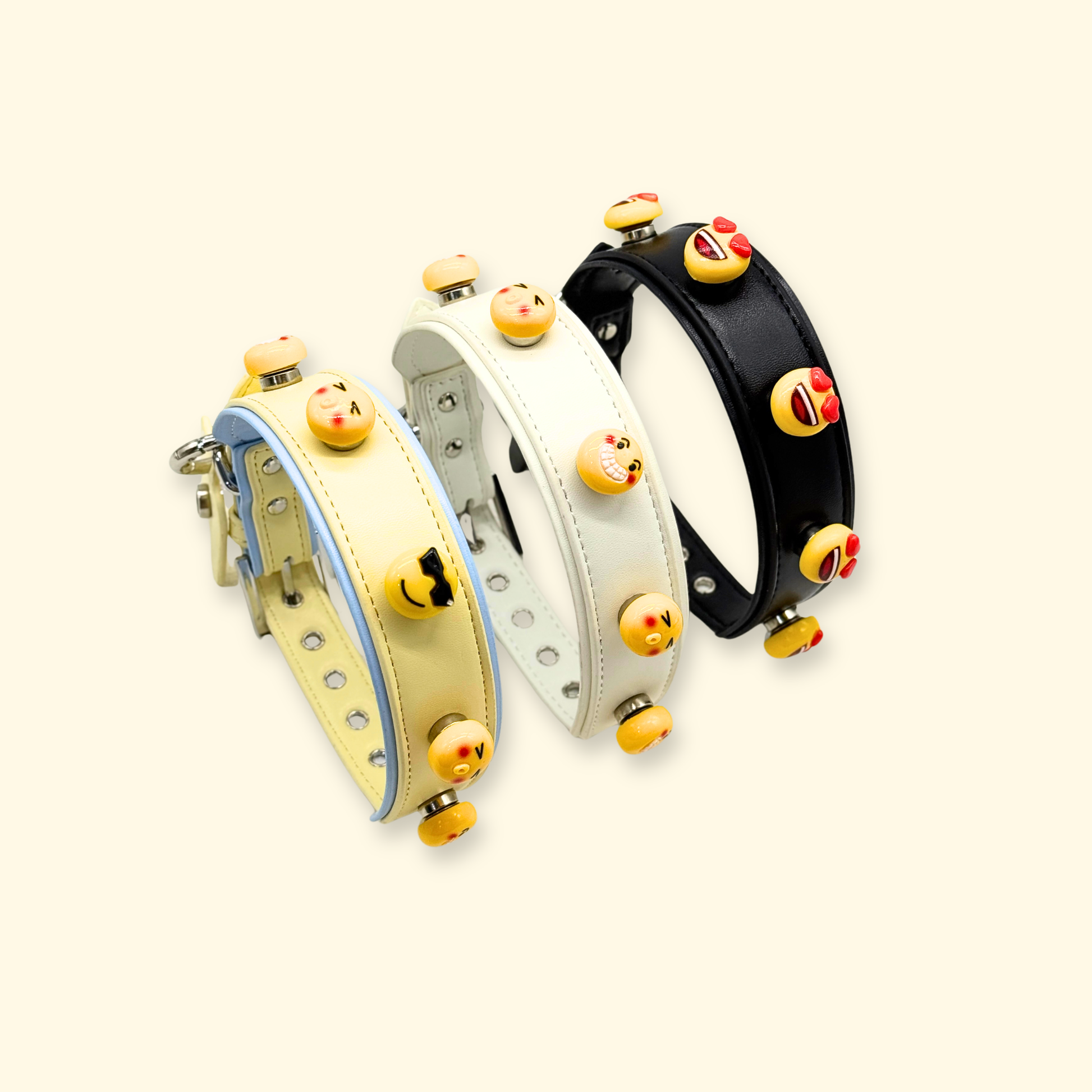 three interchangeable dog collars with emoji charms in black white and yellow, PU leather pet collar set with snap-on expressive charms