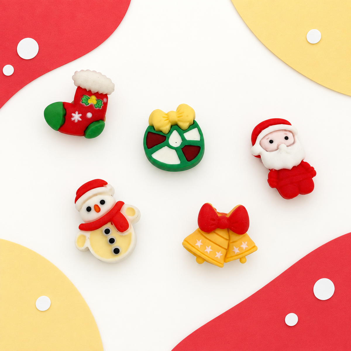 Festive Christmas dog collar charms featuring bells, Santa, snowman, wreath and stocking designs for personalized holiday styling