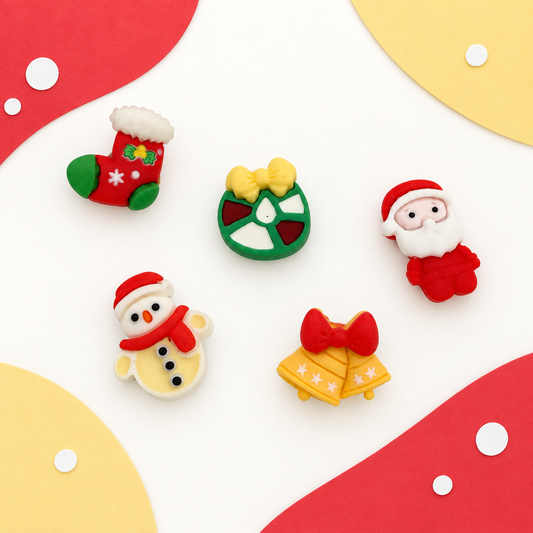 Festive Christmas dog collar charms featuring bells, Santa, snowman, wreath and stocking designs for personalized holiday styling