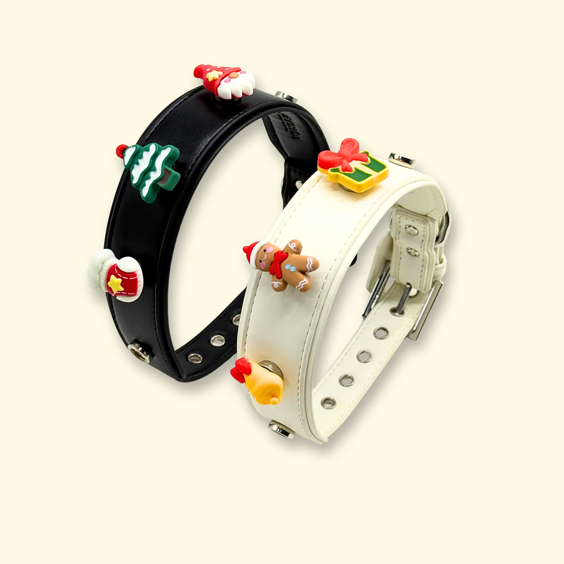 White and black pet collars with a variety of Christmas-themed accessories like gifts, gnomes, and stockings