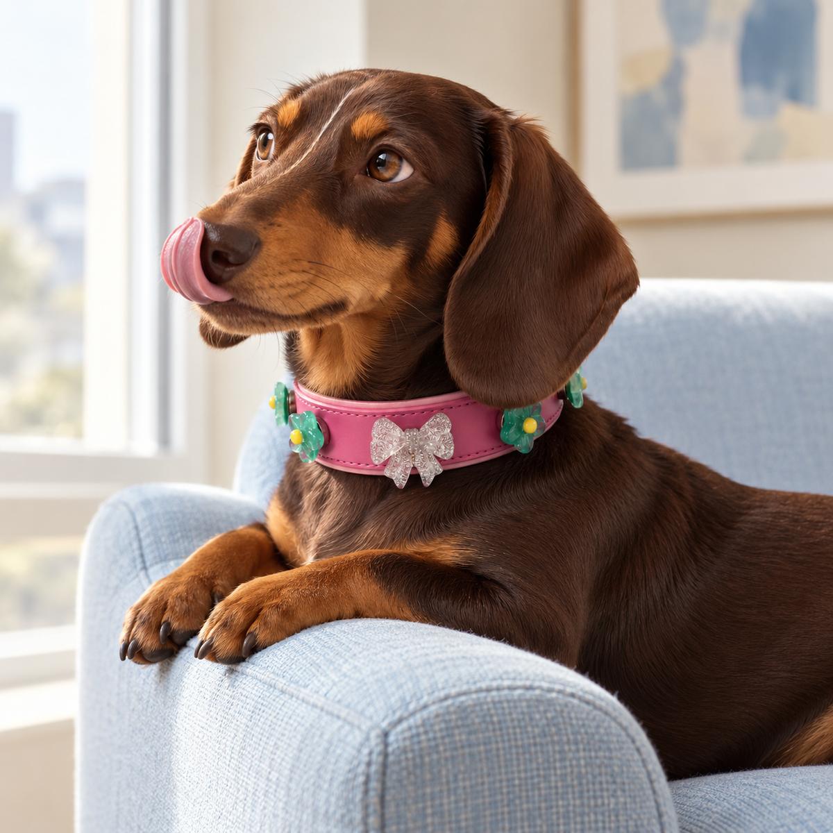 Dachshund wearing a pink collar styled with mini flower charms and a silver bow accent